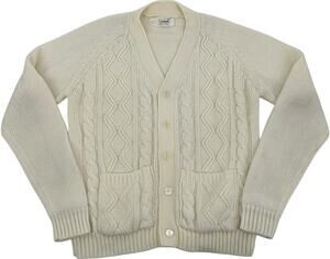 Vintage 70s Men's Sample Brand Cream Cable Zig Zag Knit Acrylic Cardigan Sweater